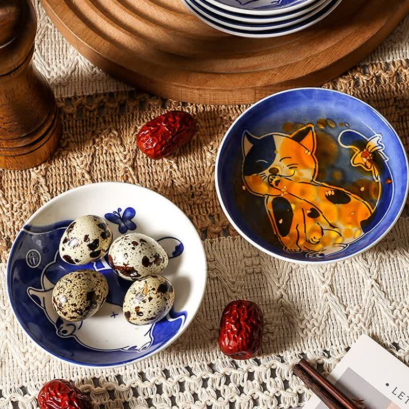 Buddha Stones Blue White Ceramic Playful Cat Round Sauce Dish - image 9