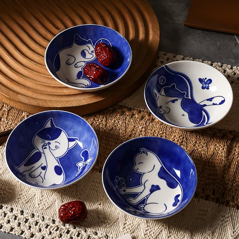 Buddha Stones Blue White Ceramic Playful Cat Round Sauce Dish - image 17