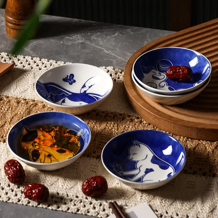 Buddha Stones Blue White Ceramic Playful Cat Round Sauce Dish - image 18
