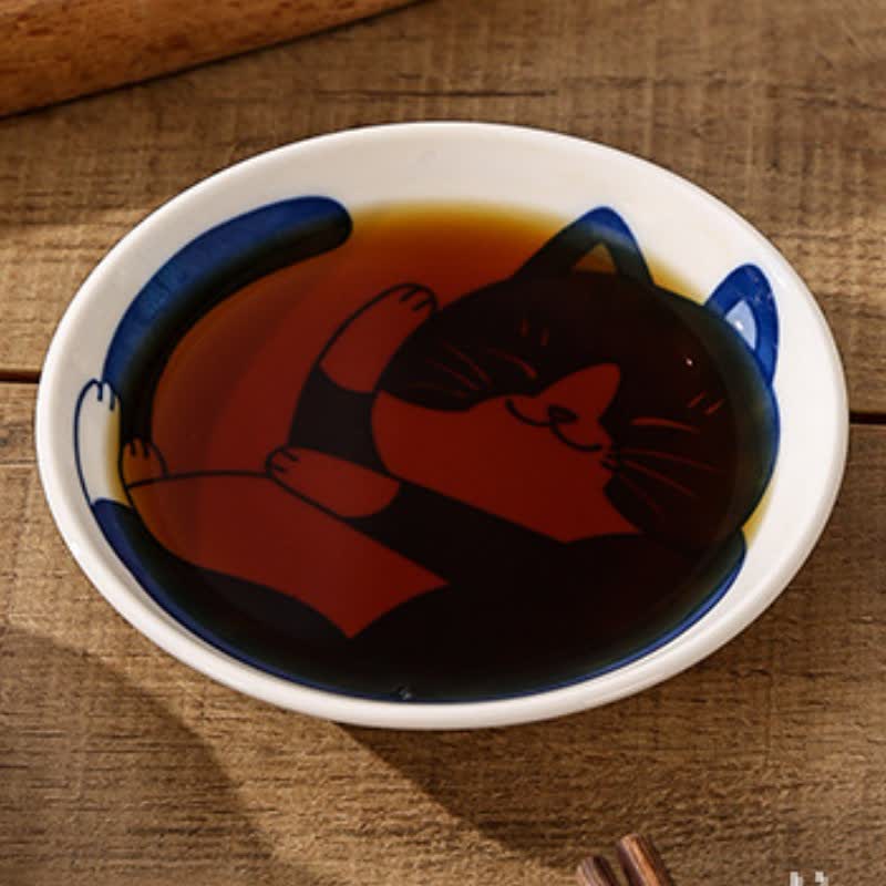 Buddha Stones Cute Cat Round Ceramic Shallow Dish Japanese Style Sauce Dish - Spots - image 1