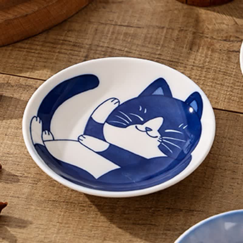 Buddha Stones Cute Cat Round Ceramic Shallow Dish Japanese Style Sauce Dish - image 4