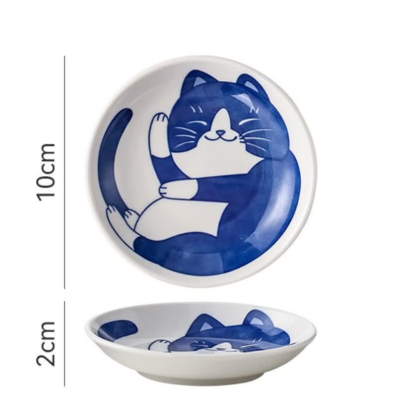 Buddha Stones Cute Cat Round Ceramic Shallow Dish Japanese Style Sauce Dish - Blue White - image 3