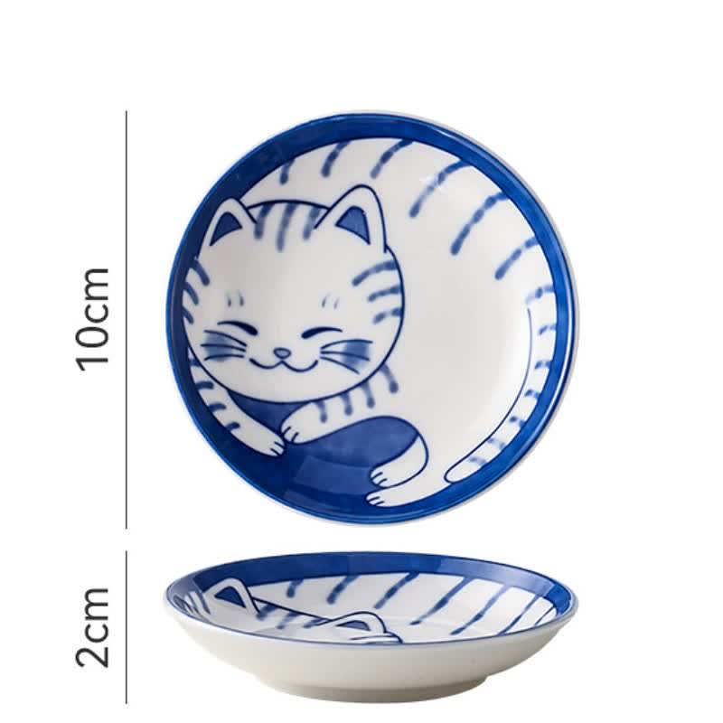 Buddha Stones Cute Cat Round Ceramic Shallow Dish Japanese Style Sauce Dish - Stripes - image 2