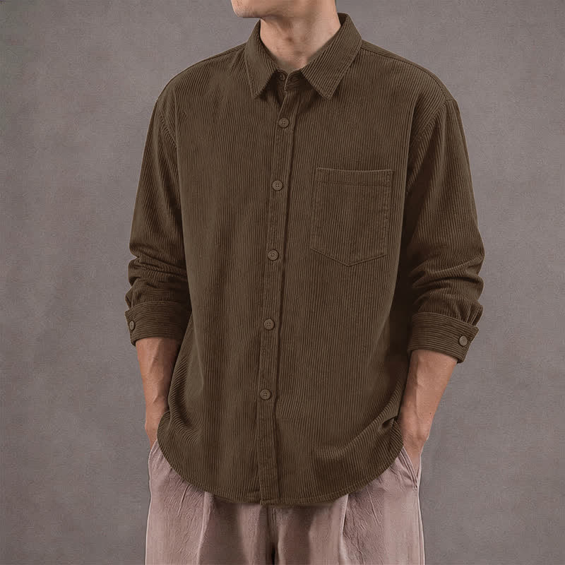 Buddha Stones Fall Winter Basic Vintage Solid Corduroy Men's Long Sleeve Shirts With Patch Pocket - SaddleBrown - US/UK/AU42, EU52 (3XL) - image 0