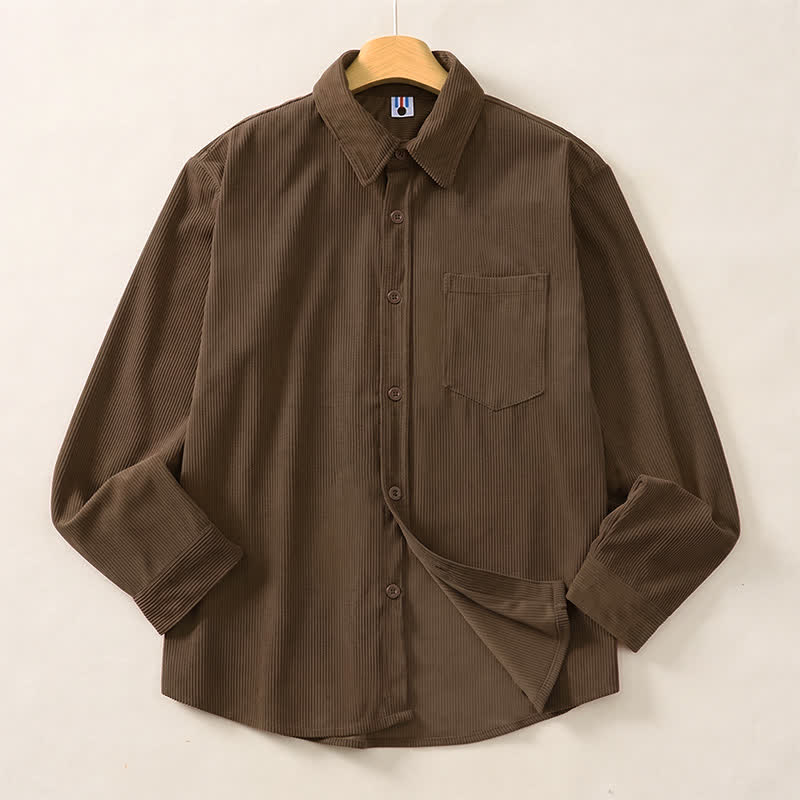 Buddha Stones Fall Winter Basic Vintage Solid Corduroy Men's Long Sleeve Shirts With Patch Pocket - image 1