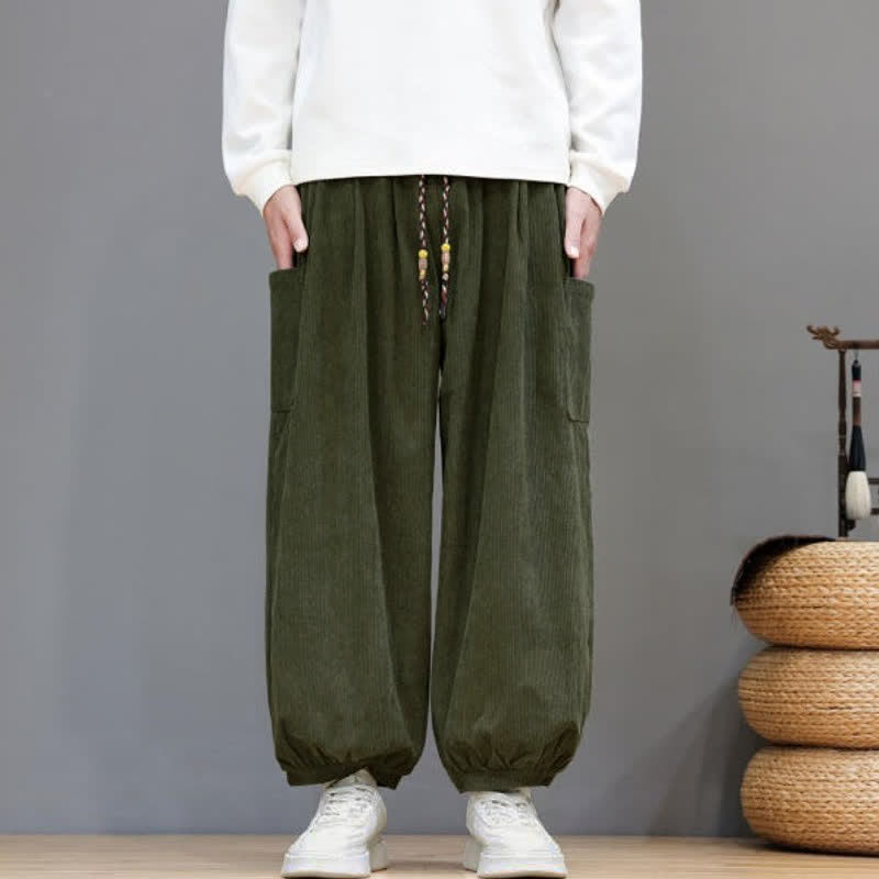 Buddha Stones Fall Winter Casual Drawstring Solid Corduroy Cropped Pants Men's Harem Pants With Pockets - DarkOliveGreen - US/UK/AU48, EU58 (5XL) - image 35