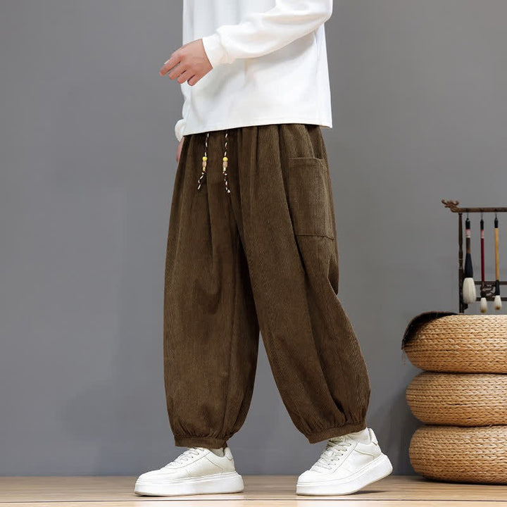 Buddha Stones Fall Winter Casual Drawstring Solid Corduroy Cropped Pants Men's Harem Pants With Pockets - SaddleBrown - US/UK/AU48, EU58 (5XL) - image 0