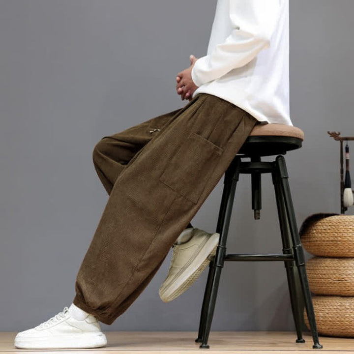 Buddha Stones Fall Winter Casual Drawstring Solid Corduroy Cropped Pants Men's Harem Pants With Pockets - image 8