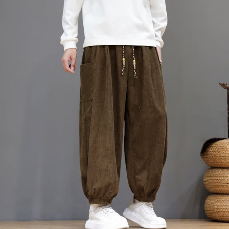 Buddha Stones Fall Winter Casual Drawstring Solid Corduroy Cropped Pants Men's Harem Pants With Pockets - image 5