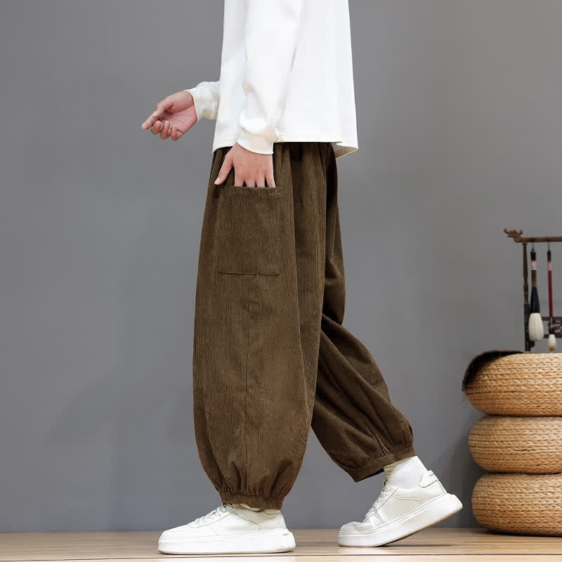 Buddha Stones Fall Winter Casual Drawstring Solid Corduroy Cropped Pants Men's Harem Pants With Pockets - image 3