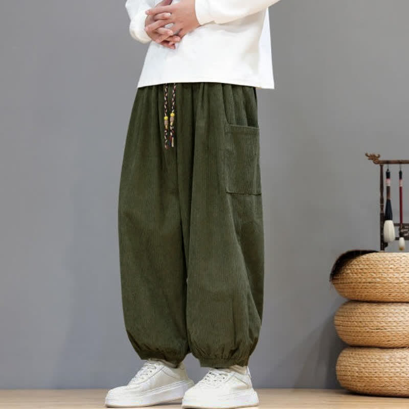 Buddha Stones Fall Winter Casual Drawstring Solid Corduroy Cropped Pants Men's Harem Pants With Pockets - image 40