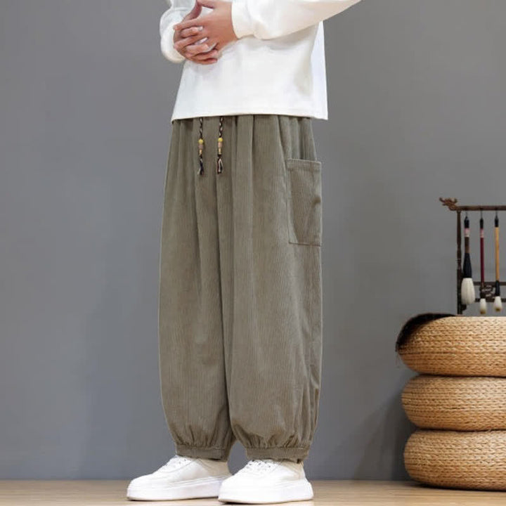 Buddha Stones Fall Winter Casual Drawstring Solid Corduroy Cropped Pants Men's Harem Pants With Pockets - image 31