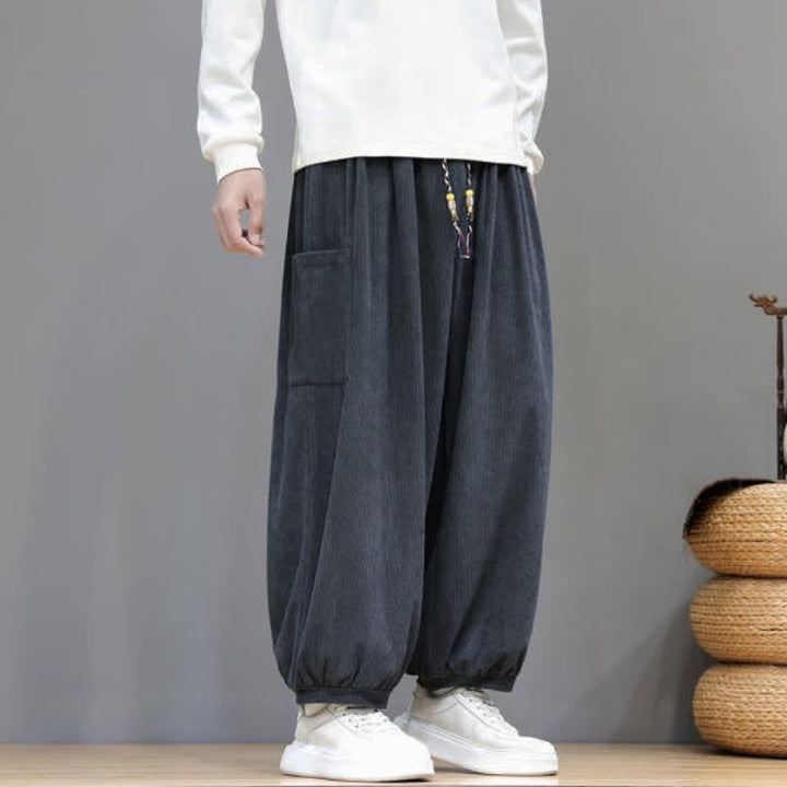 Buddha Stones Fall Winter Casual Drawstring Solid Corduroy Cropped Pants Men's Harem Pants With Pockets - image 13