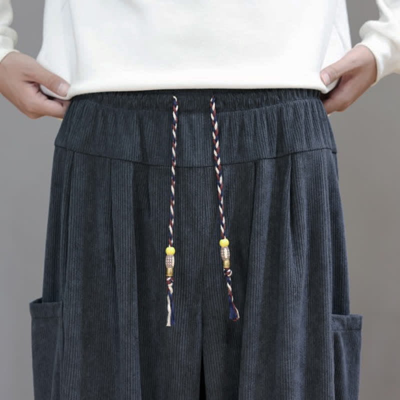 Buddha Stones Fall Winter Casual Drawstring Solid Corduroy Cropped Pants Men's Harem Pants With Pockets - image 18