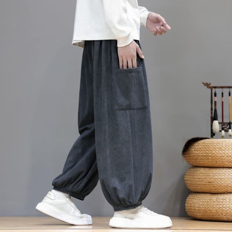 Buddha Stones Fall Winter Casual Drawstring Solid Corduroy Cropped Pants Men's Harem Pants With Pockets - image 15