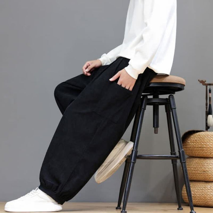 Buddha Stones Fall Winter Casual Drawstring Solid Corduroy Cropped Pants Men's Harem Pants With Pockets - image 28