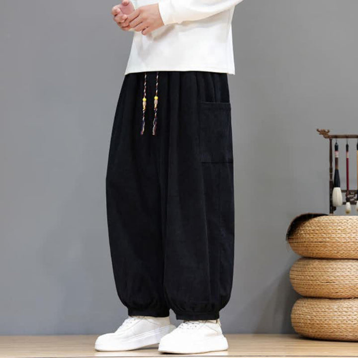 Buddha Stones Fall Winter Casual Drawstring Solid Corduroy Cropped Pants Men's Harem Pants With Pockets - image 27