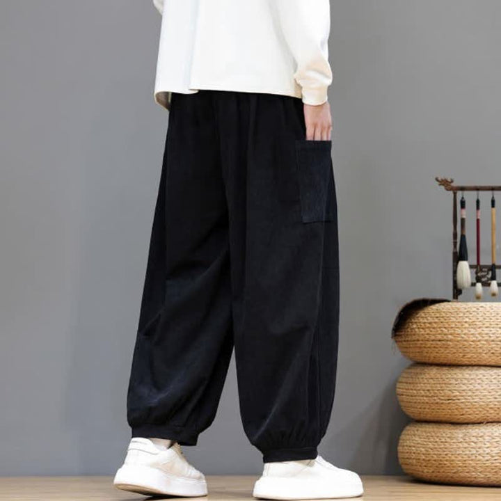 Buddha Stones Fall Winter Casual Drawstring Solid Corduroy Cropped Pants Men's Harem Pants With Pockets - image 23