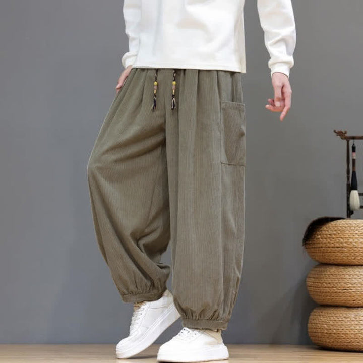 Buddha Stones Fall Winter Casual Drawstring Solid Corduroy Cropped Pants Men's Harem Pants With Pockets - image 34