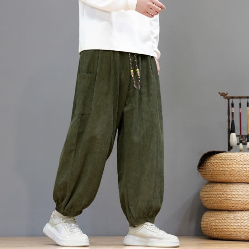 Buddha Stones Fall Winter Casual Drawstring Solid Corduroy Cropped Pants Men's Harem Pants With Pockets - image 36