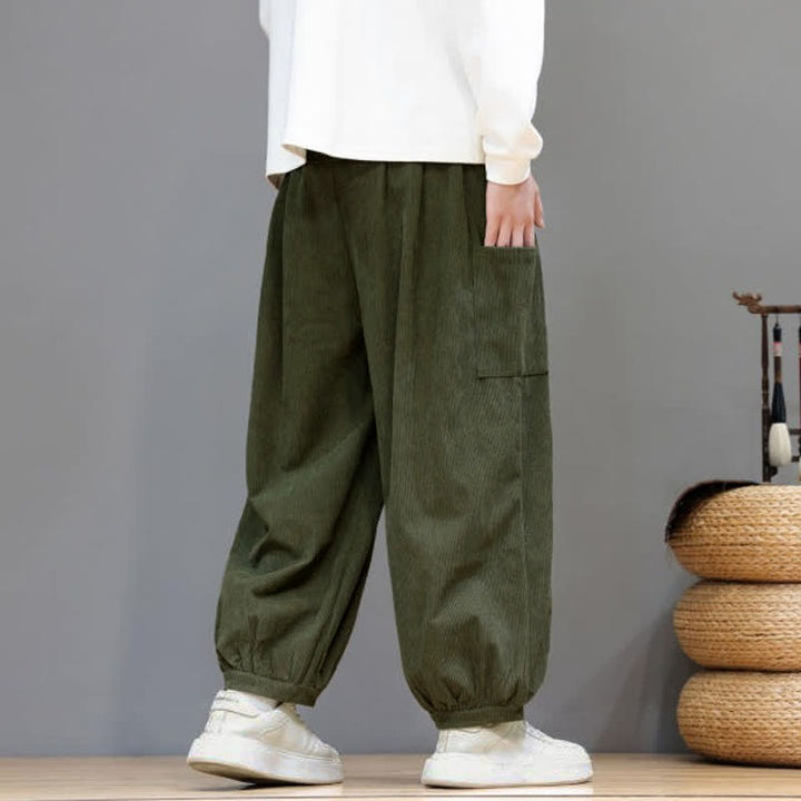 Buddha Stones Fall Winter Casual Drawstring Solid Corduroy Cropped Pants Men's Harem Pants With Pockets - image 38