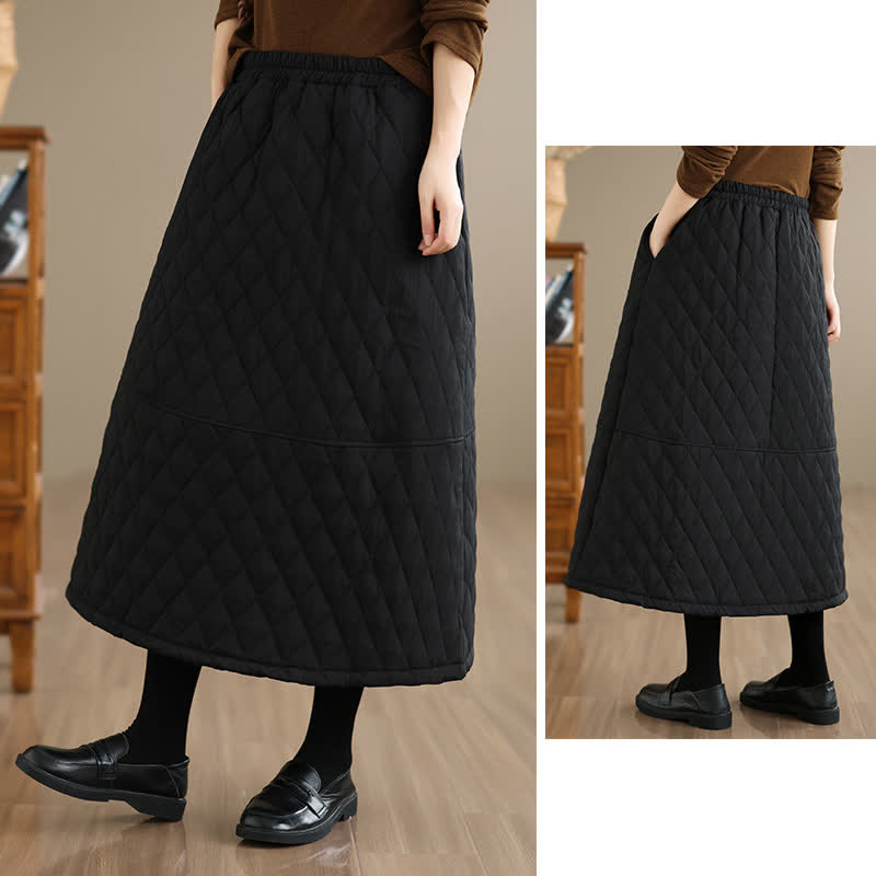 Buddha Stones Fall Winter Casual Vintage Design Quilted Solid Women's Skirt With Pockets - image 15