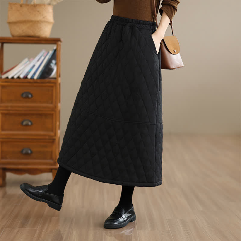 Buddha Stones Fall Winter Casual Vintage Design Quilted Solid Women's Skirt With Pockets - image 12