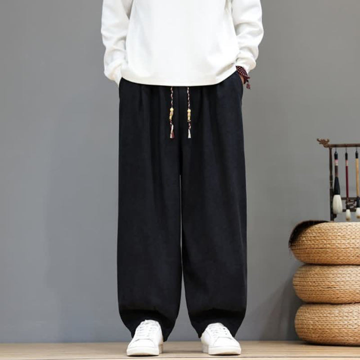 Buddha Stones Fall Winter Simple Classic Drawstring Solid Ankle Pants Corduroy Men's Straight Leg Pants With Pockets - Black - US/UK/AU48, EU58 (6XL) - image 12