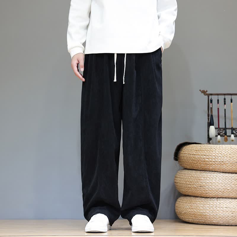Buddha Stones Fall Winter Simple Drawstring Solid Ankle Pants Corduroy Men's Straight Leg Pants With Pockets - Black - US/UK/AU46, EU56 (5XL) - image 18