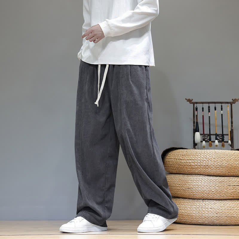 Buddha Stones Fall Winter Simple Drawstring Solid Ankle Pants Corduroy Men's Straight Leg Pants With Pockets - image 9