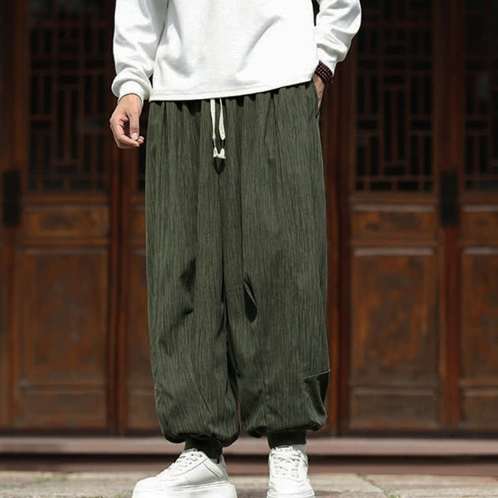 Buddha Stones Fall Winter Casual Boho Drawstring Solid Cropped Pants Corduroy Men's Harem Pants With Pockets - image 36