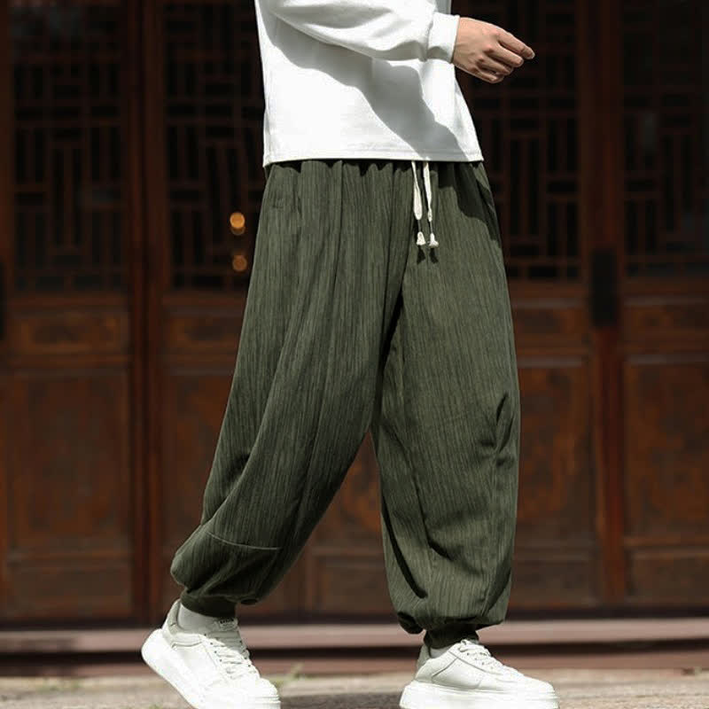 Buddha Stones Fall Winter Casual Boho Drawstring Solid Cropped Pants Corduroy Men's Harem Pants With Pockets - image 31