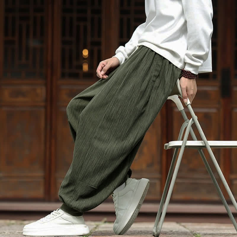 Buddha Stones Fall Winter Casual Boho Drawstring Solid Cropped Pants Corduroy Men's Harem Pants With Pockets - image 38