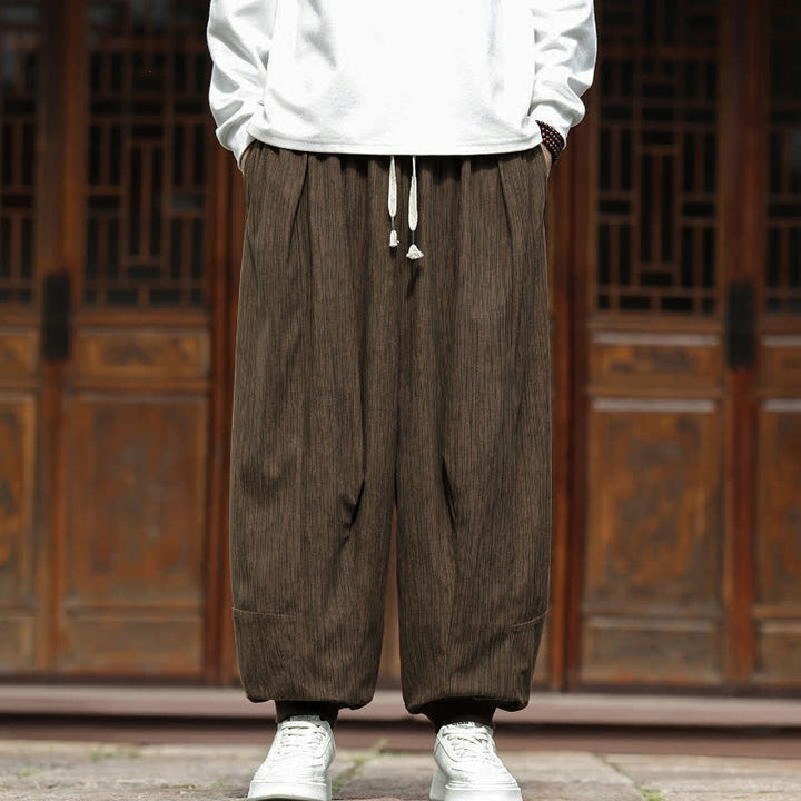 Buddha Stones Fall Winter Casual Boho Drawstring Solid Cropped Pants Corduroy Men's Harem Pants With Pockets - image 5