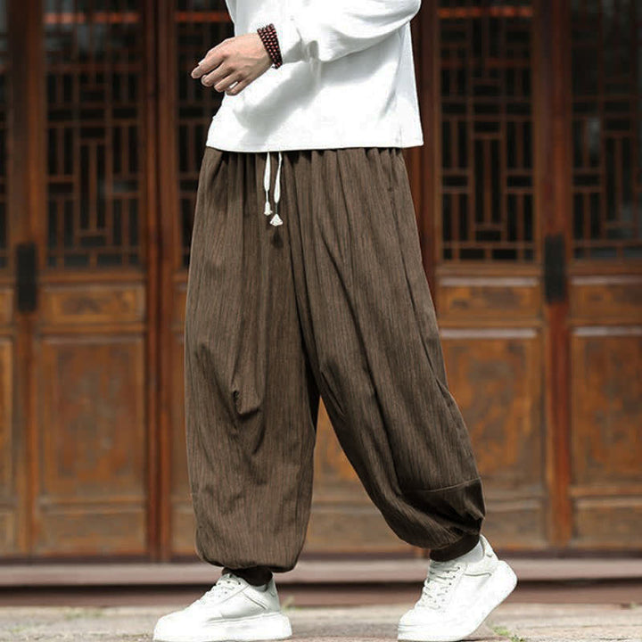 Buddha Stones Fall Winter Casual Boho Drawstring Solid Cropped Pants Corduroy Men's Harem Pants With Pockets - image 2