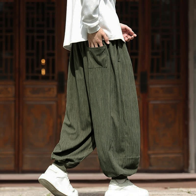 Buddha Stones Fall Winter Casual Boho Drawstring Solid Cropped Pants Corduroy Men's Harem Pants With Pockets - image 33