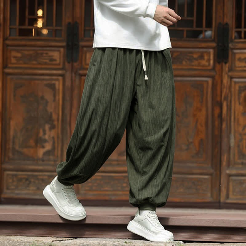 Buddha Stones Fall Winter Casual Boho Drawstring Solid Cropped Pants Corduroy Men's Harem Pants With Pockets - image 37