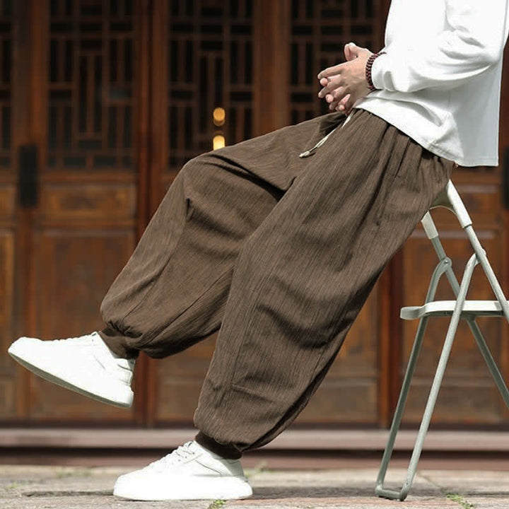 Buddha Stones Fall Winter Casual Boho Drawstring Solid Cropped Pants Corduroy Men's Harem Pants With Pockets - image 8