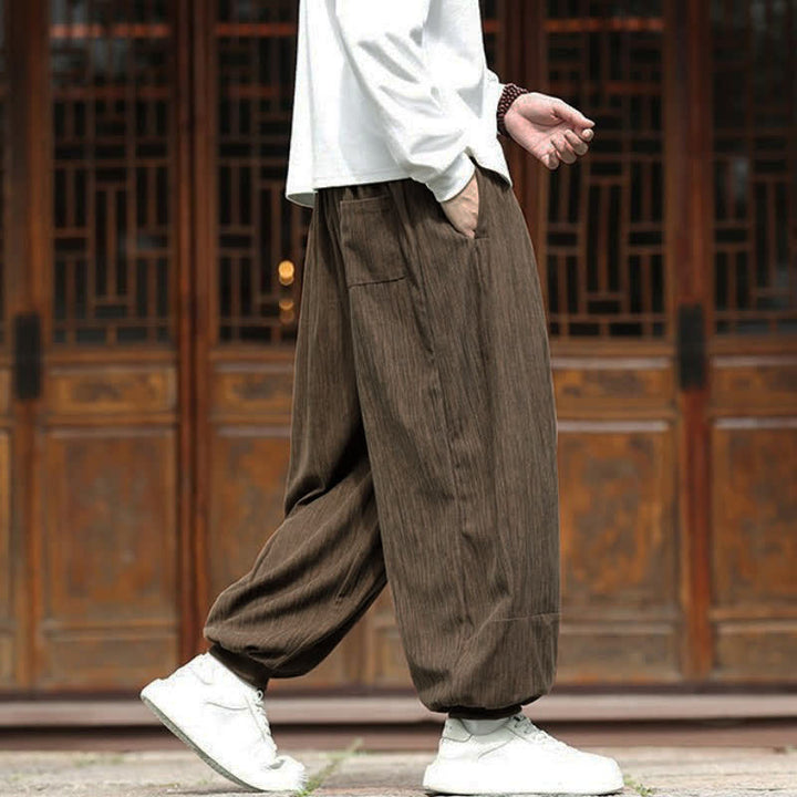 Buddha Stones Fall Winter Casual Boho Drawstring Solid Cropped Pants Corduroy Men's Harem Pants With Pockets - image 6