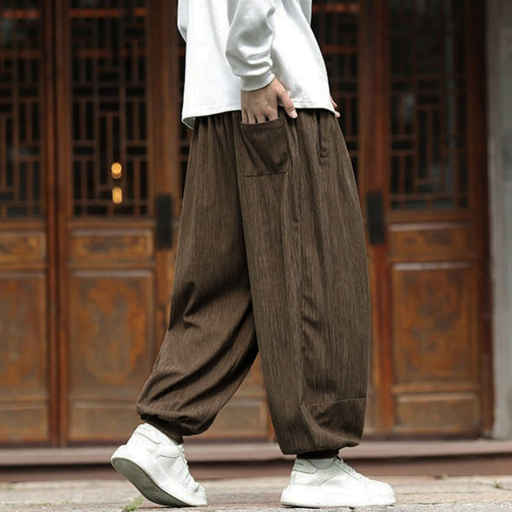 Buddha Stones Fall Winter Casual Boho Drawstring Solid Cropped Pants Corduroy Men's Harem Pants With Pockets - image 3