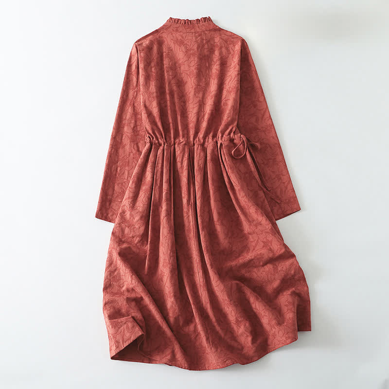 Buddha Stones Fall Tang Style Elegant Mandarin Collar Frog Button Red Women's Long Sleeve Dress With Pockets - image 1