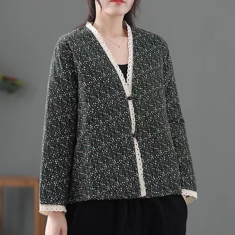 Buddha Stones Fall Winter Casual Vintage Button-Up V-Neck Dot Pattern Women's Jacket - image 9
