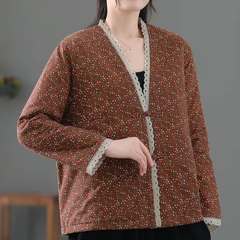 Buddha Stones Fall Winter Casual Vintage Button-Up V-Neck Dot Pattern Women's Jacket - image 13