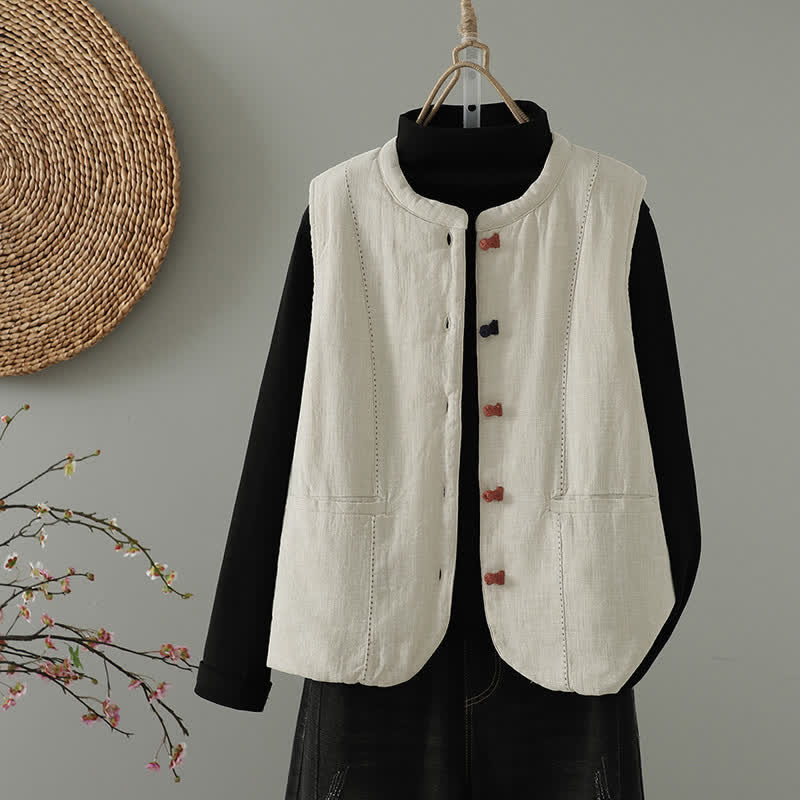 Buddha Stones Fall Winter Casual Tang Style Mandarin Collar Solid Tank Top Women's Vest With Pockets - Beige - US8-10, UK/AU12-14, EU40-42 (2XL) - image 1