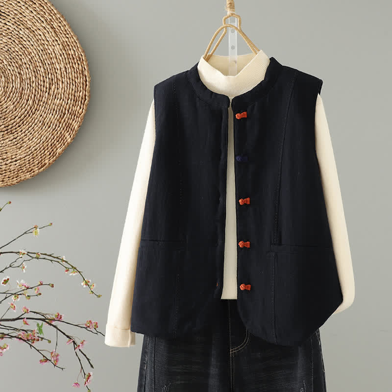 Buddha Stones Fall Winter Casual Tang Style Mandarin Collar Solid Tank Top Women's Vest With Pockets - Black - US8-10, UK/AU12-14, EU40-42 (2XL) - image 16