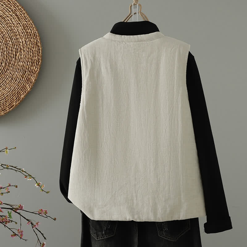 Buddha Stones Fall Winter Casual Tang Style Mandarin Collar Solid Tank Top Women's Vest With Pockets - image 2