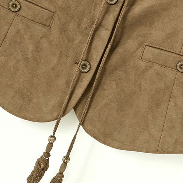 Buddha Stones Fall Vintage Casual Button-Up Drawstring V-Neck Solid Cotton Tank Top Women's Vest - image 16