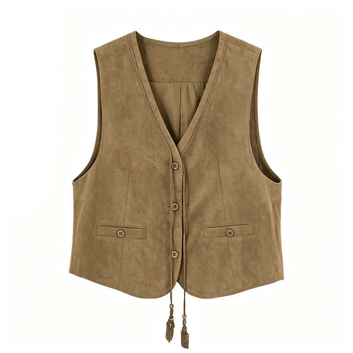 Buddha Stones Fall Vintage Casual Button-Up Drawstring V-Neck Solid Cotton Tank Top Women's Vest - image 11
