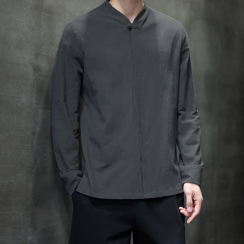 Buddha Stones Fall Tang Style Minimalist Frog Button Solid Men's Long Sleeve Shirts - image 4
