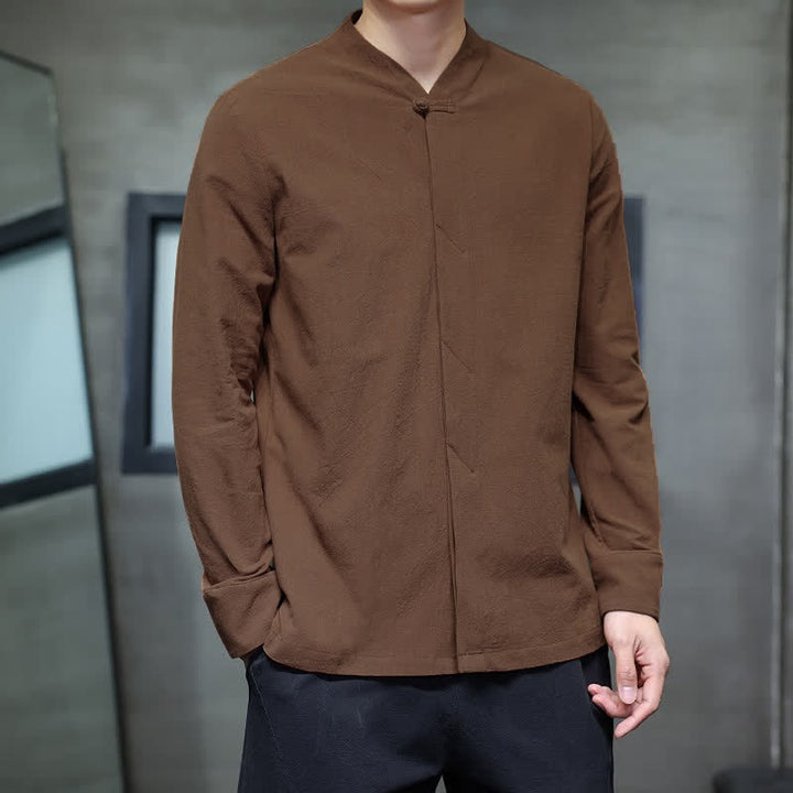 Buddha Stones Fall Tang Style Minimalist Frog Button Solid Men's Long Sleeve Shirts - image 12